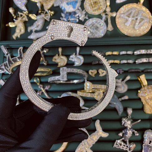ICEDIAMOND White Gold Plated Hip Hop Iced Out Drama Handcuff Design Bangle, Micro-setting Bright Zirconia Stones with Long Serrated Lock Buckle Bracelet for Men in Saudi Arabia
