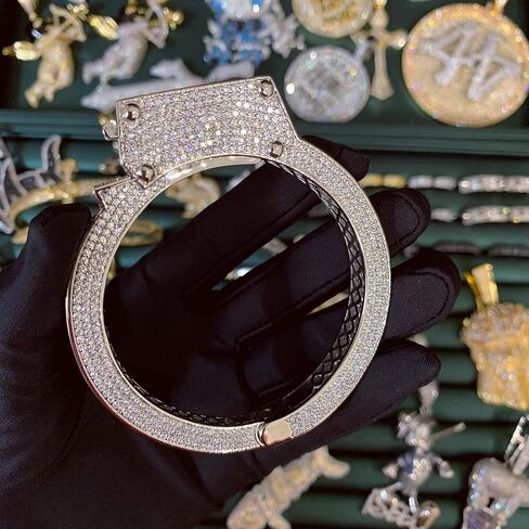 ICEDIAMOND White Gold Plated Hip Hop Iced Out Drama Handcuff Design Bangle, Micro-setting Bright Zirconia Stones with Long Serrated Lock Buckle Bracelet for Men in Saudi Arabia