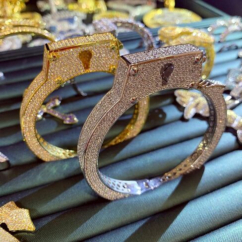 ICEDIAMOND White Gold Plated Hip Hop Iced Out Drama Handcuff Design Bangle, Micro-setting Bright Zirconia Stones with Long Serrated Lock Buckle Bracelet for Men in Saudi Arabia