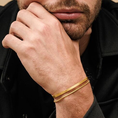 Waterproof Bracelet Set for Men-925 Sterling Silver/14k Gold Plated Stack Snake Cuban Link Chain Cuff Bracelet Mens Jewelry Gift in Kuwait