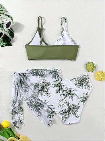 Girl's 3 Piece Swimsuits Tropical High Waisted O Ring Wireless Bathing Suit with Cover Up Skirt in Saudi Arabia
