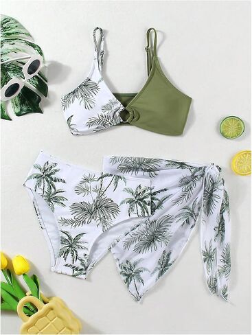 Girl's 3 Piece Swimsuits Tropical High Waisted O Ring Wireless Bathing Suit with Cover Up Skirt in Saudi Arabia