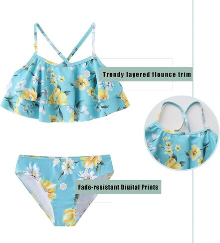 Girls Bikini Swimsuits Two Piece Bathing Suit Set for Girls Double Ruffle Hawaiian Swimwear Set in Saudi Arabia