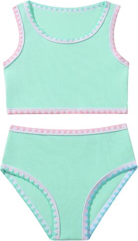 Girls Bathing Suit Toddler Swimsuits 2 Piece Bikini Sets Round Neck Colorful Lace Teen Girls Swimwear 3-14T in Saudi Arabia