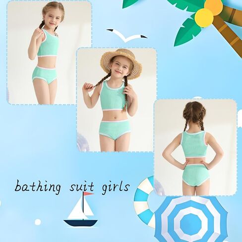 Girls Bathing Suit Toddler Swimsuits 2 Piece Bikini Sets Round Neck Colorful Lace Teen Girls Swimwear 3-14T in Saudi Arabia