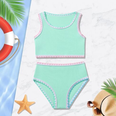 Girls Bathing Suit Toddler Swimsuits 2 Piece Bikini Sets Round Neck Colorful Lace Teen Girls Swimwear 3-14T in Saudi Arabia