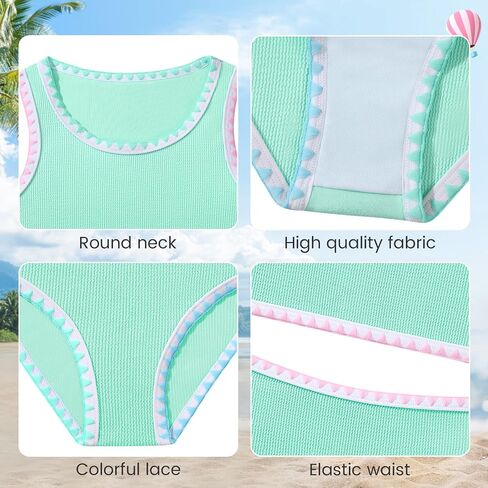 Girls Bathing Suit Toddler Swimsuits 2 Piece Bikini Sets Round Neck Colorful Lace Teen Girls Swimwear 3-14T in Saudi Arabia