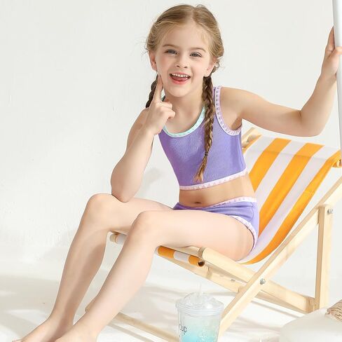 Girls Bathing Suit Toddler Swimsuits 2 Piece Bikini Sets Round Neck Colorful Lace Teen Girls Swimwear 3-14T in Saudi Arabia