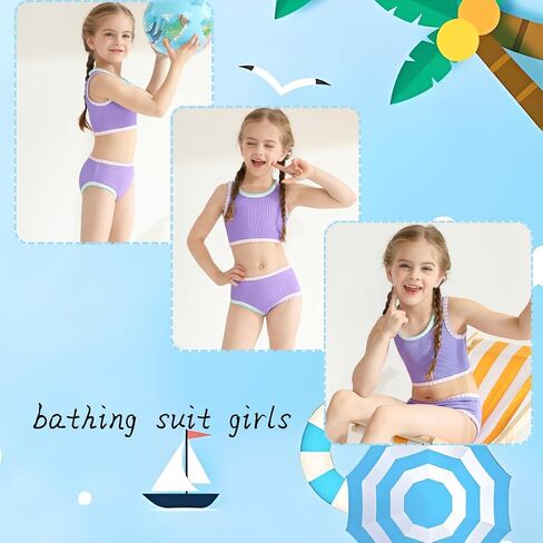 Girls Bathing Suit Toddler Swimsuits 2 Piece Bikini Sets Round Neck Colorful Lace Teen Girls Swimwear 3-14T in Saudi Arabia