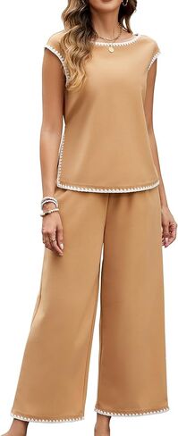 Gardenwed Women's Two Piece Outfit, Cap Sleeve Top and Wide Leg Pants Elegant Summer Set with Trim Design in Kuwait