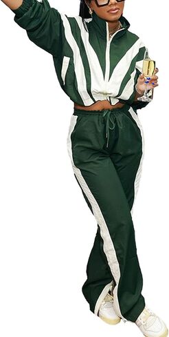 Mandonce 2 Piece Sets for Women Zip up Cropped Sweatshirt and Split Wide Leg Sweatpants Athleisure Sets for Women in Kuwait