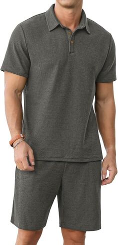 PrinStory Men's Summer Outfits Waffle Knit Polo Shirt and Shorts Set 2 Pieces Casual Tracksuit with Pockets in Saudi Arabia