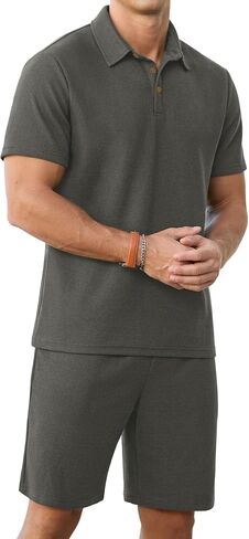 PrinStory Men's Summer Outfits Waffle Knit Polo Shirt and Shorts Set 2 Pieces Casual Tracksuit with Pockets in Saudi Arabia