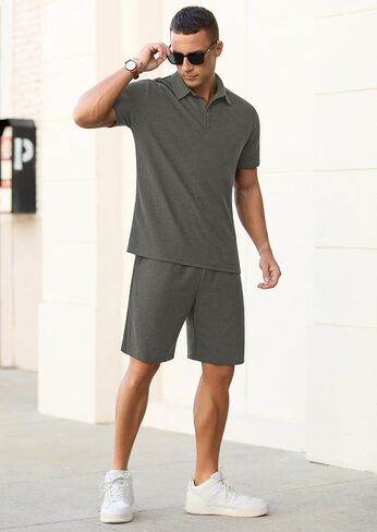 PrinStory Men's Summer Outfits Waffle Knit Polo Shirt and Shorts Set 2 Pieces Casual Tracksuit with Pockets in Saudi Arabia
