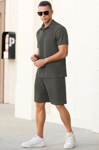 PrinStory Men's Summer Outfits Waffle Knit Polo Shirt and Shorts Set 2 Pieces Casual Tracksuit with Pockets in Saudi Arabia
