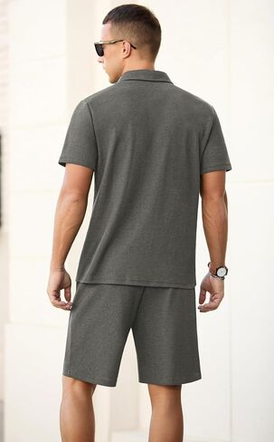 PrinStory Men's Summer Outfits Waffle Knit Polo Shirt and Shorts Set 2 Pieces Casual Tracksuit with Pockets in Saudi Arabia