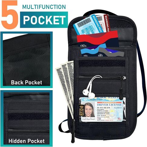 RFID Blocking Travel Neck Wallet Pouch with RFID Blocking Sleeves, Travel Neck Pouch Passport Holder Keep Your Cash, Credit Card for Women & Men - Black in Saudi Arabia