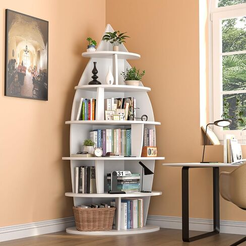 72-inch Corner Shelf, 6-Tier Wooden Bookshelf, Floor-Standing Standing Bookcase Storage Rack, Toy Organizer Cabinet Chest, Book Display Shelf, White in Saudi Arabia