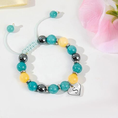Blue Initials Heart Natural Stone Beaded Bracelet for girl | Adjustable Natural Stone Beaded Bracelets for Girls Jewellery | Daughter/Granddaughter/Niece/Bracelets for Girls Jewellery in Saudi Arabia