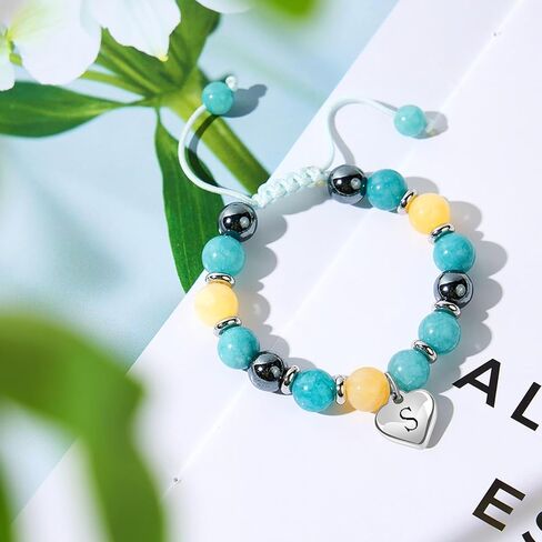 Blue Initials Heart Natural Stone Beaded Bracelet for girl | Adjustable Natural Stone Beaded Bracelets for Girls Jewellery | Daughter/Granddaughter/Niece/Bracelets for Girls Jewellery in Saudi Arabia