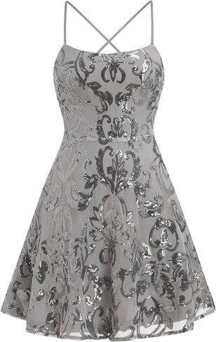 ODIZLI Women's Spaghetti Straps Sparkly Sequins A Line Swing Party Nightclub Dance Mini Dress Above Knee Length in Saudi Arabia