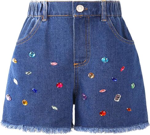 WELAKEN Girl Jean Shorts Rhinestone Ripped Raw Trim Straight Leg High Waist Denim Shorts in Saudi Arabia