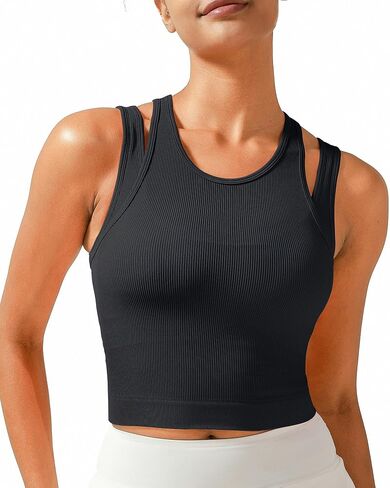 RUNNING GIRL Sports Bras for Women High Impact Seamless Ribbed Longline High Neck Workout Crop Tank Tops Padded in Kuwait