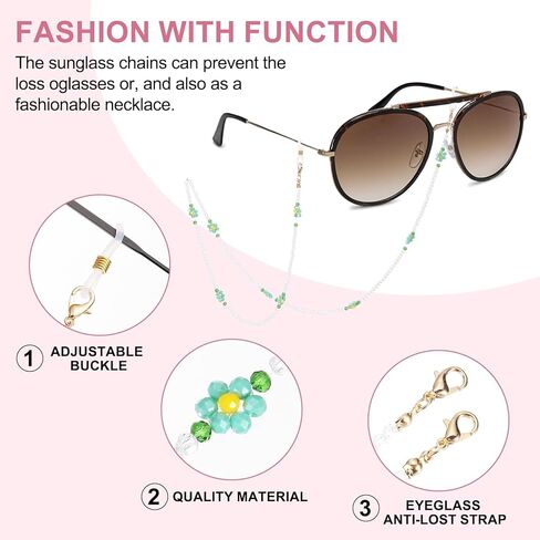 uxcell Flower Eyeglass Chains for Women, Crystal Eyeglass Holder Chains Adjustable Sunglasses Lanyards Holder for Glass in Kuwait