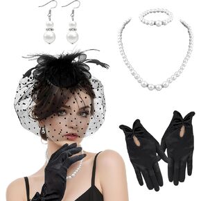 Black Fascinators Hat Set for Women Funeral Veil Hat Pillbox Cocktail Tea Party Headband Lace Gloves Wedding Halloween Retro Tiara