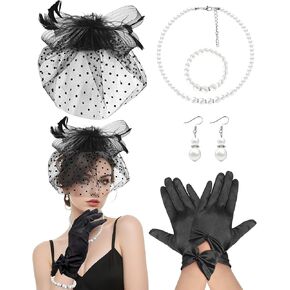 1920s Vintage Fascinators Hats for Women Funeral Veil Hat Lace Gloves Halloween Cocktail Tea Party Wedding