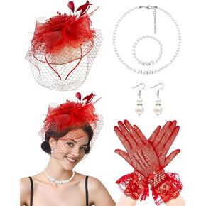 Fascinators Hat for Women Tea Party Funeral Veil Mesh Hats Wedding Lace Gloves Set for Cocktail First Communion