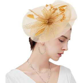 Kgromfy Fascinators Derby Hat Womens Tea Party Hat Mesh Feathers Fancy Headwear for Church Cocktail Wedding