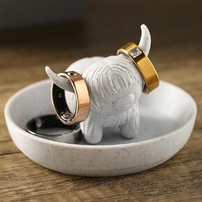 Awsaccy Highland Cow Ring Holder with Circular Dish, Farmhouse & Bohemian Style Marble Cute Unique Highland Cow Women Gifts Stuff Ring Jewelry Plate Organizer for Bathroom Office Home Room Desk Decor