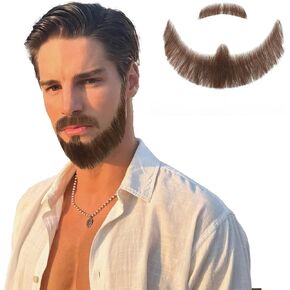 Soft Human Hair Beard Lace Base Hand Knotted Realistic Mustache for Adults Costume Party Funny Cosplay Fake Full Beard