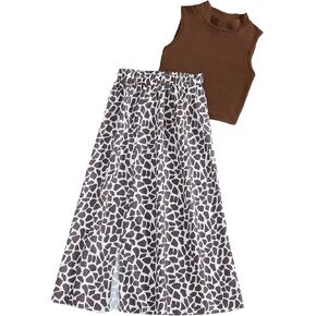 OYOANGLE Girl's 2 Piece Outfit Mock Neck Sleeveless Tank Top and Printed Split Hem Skirt Set