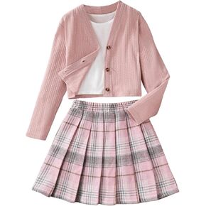 MakeMeChic Girl's 3 Piece Cute Outfit Crew Neck Crop Tops V Neck Button Down Cardigan and Plaid Pleated Skirt Sets