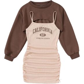 Floerns Girl's 2 Piece Outfit Letter Graphic Drawstring Cami Dress and Crop Pullovers Tops