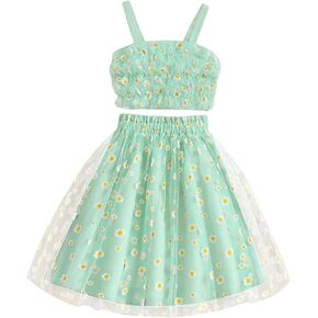 Verdusa Girl's 2 Piece Boho Contrast Mesh Floral Print Sleeveless Cami Top and Midi Skirt