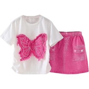 OYOANGLE Girl's 2 Piece Outfits Butterfly Short Sleeve Tee and Denim Skirts Sets