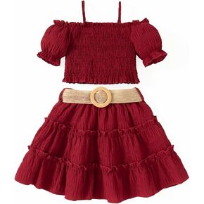 Girls Outfits Puff Sleeves Off Shoulder Crop Tops and Ruffle Flared Hem Skirt Set Toddler Summer Clothes