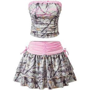 SweatyRocks Girl's Letter Camo Print Tube Top and Layered Ruffle Mini Skirts 2 Piece Outfits