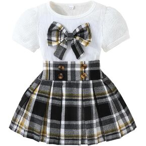 Noubeau Toddler Girl Plaid Outfit Bowknot Crop Short Sleeve Knit Ribbed Tops High Waist Plaid Skirt Set Girls Summer Outfits