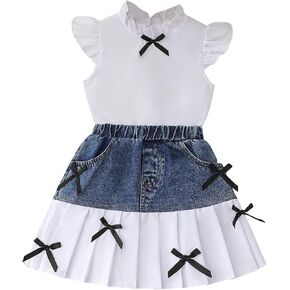 MakeMeChic Girl's 2 Piece Outfits Mock Neck Flutter Sleeve Bow Tops and Denim Skirt Set