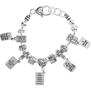 Dicksons 10 Commandments - Snake Chain 7 + 1 Inch Extension Silver Plated Stainless Steel Women's Inspirational Dangle Charm Bracelet