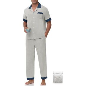 Mens Pajamas Set Short Sleeve Button Down Pjs Pajama Pants 2 Piece lounge Set Soft Sleepwear With Pockets S-3XL