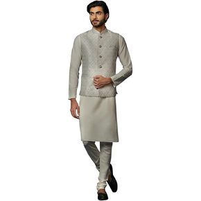 Men's Kurta Jacket Elastic Churidar Set, Silk Blend, Woven Design Regular Fit Mandarin Collar | Mens Ethnic Wear