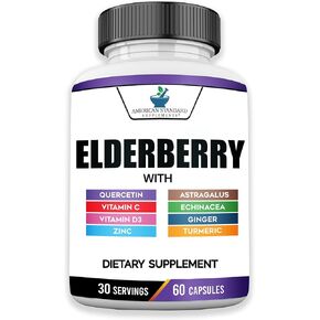 American Standard Supplements Elderberry Extract with Quercetin, Vitamin C, D3, Ginger, Zinc, Turmeric & Echinacea – Immune Support Supplement – – 60 Capsules