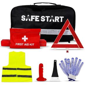 Car Emergency Kit - Car Safety Kit with First Aid, Safety Hammer, Reflectors, Gloves, Ice Shovel - Compact Roadside Tool Kit for Repairs, Snow, Accidents - Protect Your Family on The Road