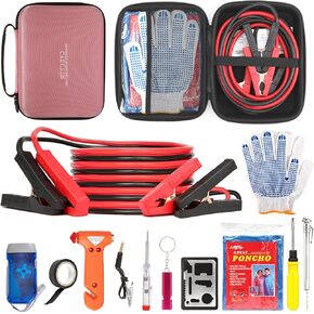 Car Emergency Kit,Auto Vehicle Truck Safety Emergency Road Side Assistance Kits with Jumper Cables,Safety Hammer,Pink