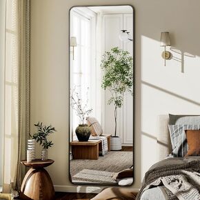 Round Corner Mirror Full Length, 66" x 23" Floor Mirror with Stand, Matte Aluminum Alloy Frame Full Body Mirror, Standing Hanging or Leaning for Bedroom and Living Room, Black